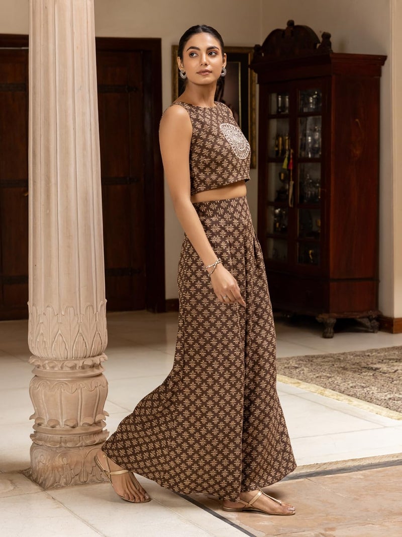 FIORRA Women's Brown Cotton Embroidered Co-ord Set SET0190 - Image 4