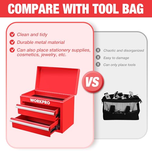 WORKPRO Metal Mini Tool Box, Top Tool Chest containing Two Drawers with Ball Bearing Slides, PVC Drawer Liners and PP Feet Pads, Durable Cold Rolled Steel Small Toolbox for Multi-Purpose Storage - Image 5