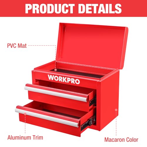 WORKPRO Metal Mini Tool Box, Top Tool Chest containing Two Drawers with Ball Bearing Slides, PVC Drawer Liners and PP Feet Pads, Durable Cold Rolled Steel Small Toolbox for Multi-Purpose Storage - Image 3