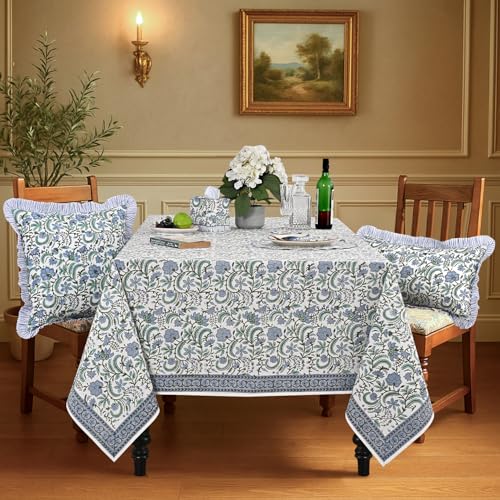 Ridhi Hand Block Print Columbia Blue Square Cotton Tablecloth 60 x 60 Reusable Table Cover Decorative Everyday Use for Dining Farmhouse Home Gift for Spring Easter Valentine - Image 3