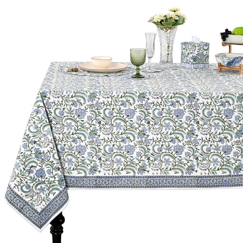 Ridhi Hand Block Print Columbia Blue Square Cotton Tablecloth 60 x 60 Reusable Table Cover Decorative Everyday Use for Dining Farmhouse Home Gift for Spring Easter Valentine - Image 2