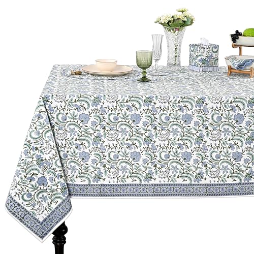 Ridhi Hand Block Print Columbia Blue Square Cotton Tablecloth 60 x 60 Reusable Table Cover Decorative Everyday Use for Dining Farmhouse Home Gift for Spring Easter Valentine - Image 1