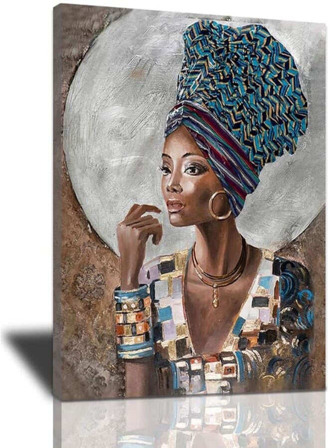 African American Wall Art, Canvas Painting Black And Golden Woman Portrait Abstract Gold Earrings Necklace Poster Artwork Modern Home Decorations Framed Ready To Hang For Living Room Bedroom12x16inch 