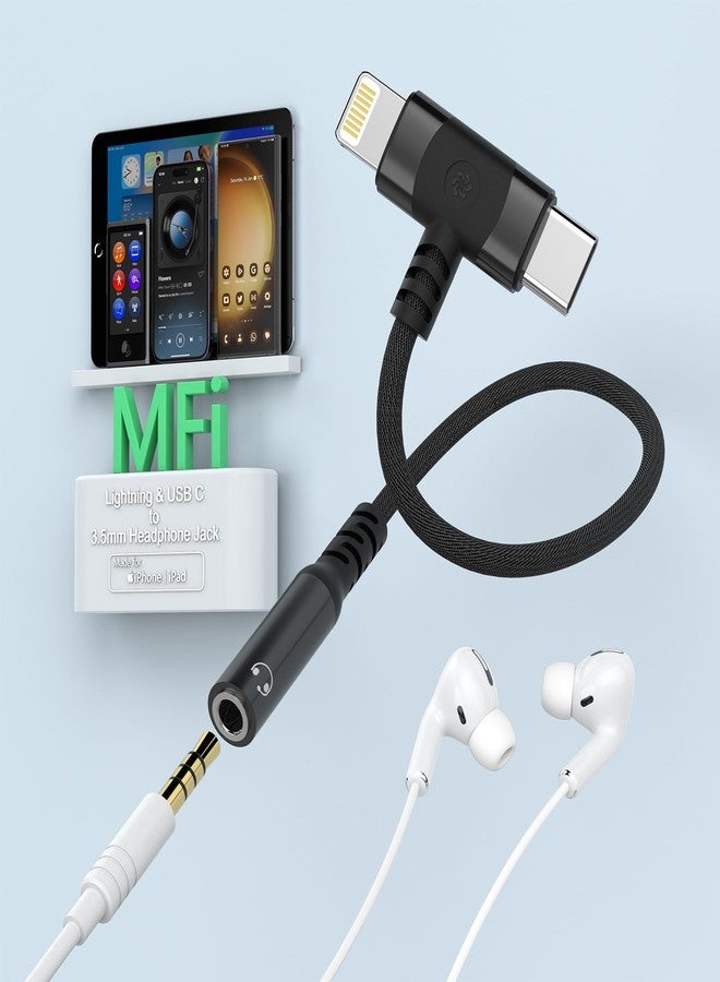 MTAKYI 2-in-1 USB-C & Lightning to 3.5mm Aux Audio Jack Adapter Headphone Splitter, iPhone/Type C to 3.5 mm Female Earphone Converter for iPhone 15/14/13/12/11/iPad Pro/Samsung/Pixel/LG【Apple MFi】-Black - Image 1