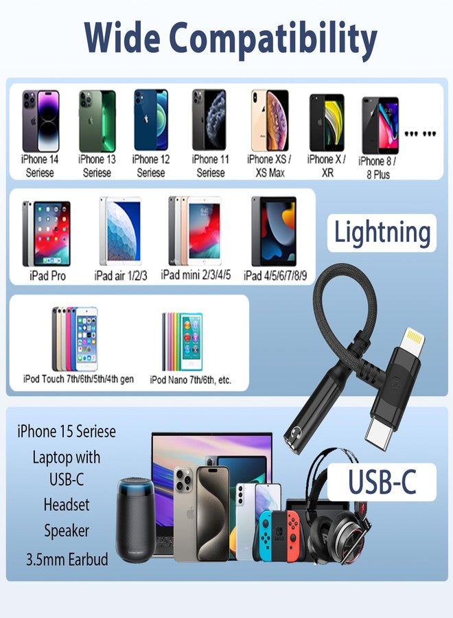 MTAKYI 2-in-1 USB-C & Lightning to 3.5mm Aux Audio Jack Adapter Headphone Splitter, iPhone/Type C to 3.5 mm Female Earphone Converter for iPhone 15/14/13/12/11/iPad Pro/Samsung/Pixel/LG【Apple MFi】-Black - Image 3