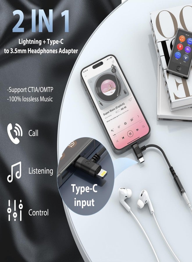 MTAKYI 2-in-1 USB-C & Lightning to 3.5mm Aux Audio Jack Adapter Headphone Splitter, iPhone/Type C to 3.5 mm Female Earphone Converter for iPhone 15/14/13/12/11/iPad Pro/Samsung/Pixel/LG【Apple MFi】-Black - Image 2