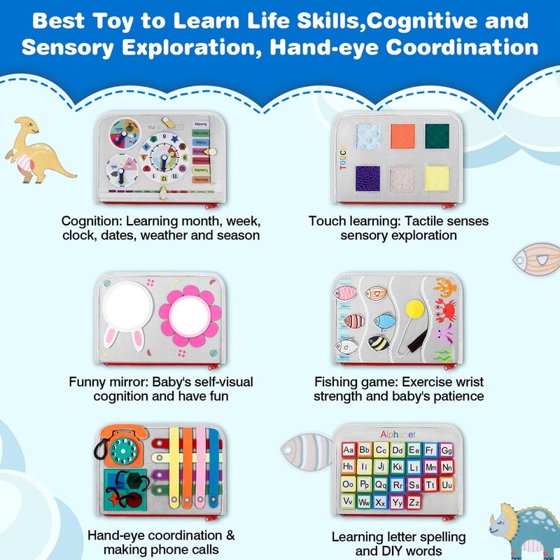 JHkim Busy Board Montessori Toys for 1 2 3 4 Year Old Boy & Girl Birthday Gifts, Autism Sensory Travel Toy for Toddlers 1-3, Educational Activity Sensory Busy Book for Learning Fine Motor Skills, Gray - Image 3