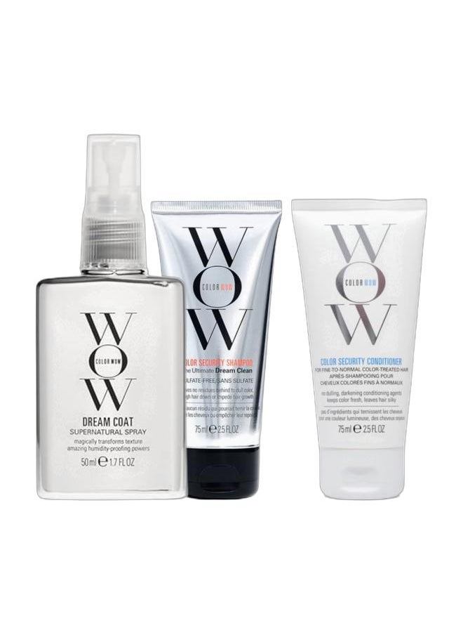 Color Wow Travel-Friendly Frizz Control & Care Kit – Dream Coat Supernatural Spray Minis 50ml, Security Shampoo 50ml & Conditioner50ml Minis – Compact Frizz Control & Gentle Nourishment for On-the-Go  - Image 1