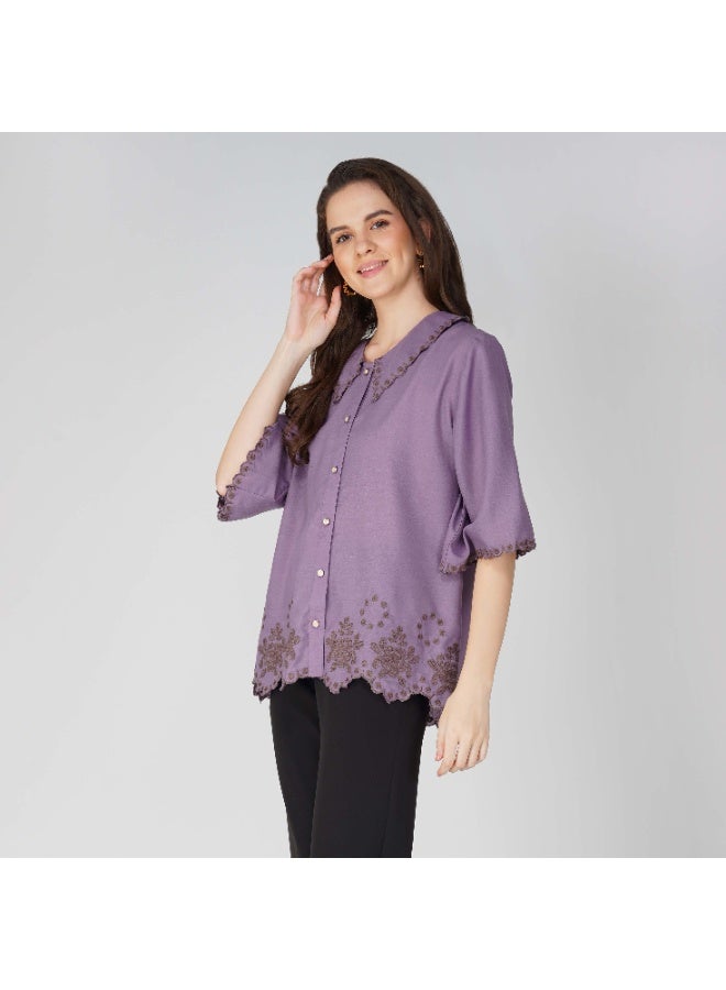 Linelle Soft Crepe Ladies Shirt – Scallop Collar Neck, Flared Half Sleeves and Embroidery Detailing - Image 5