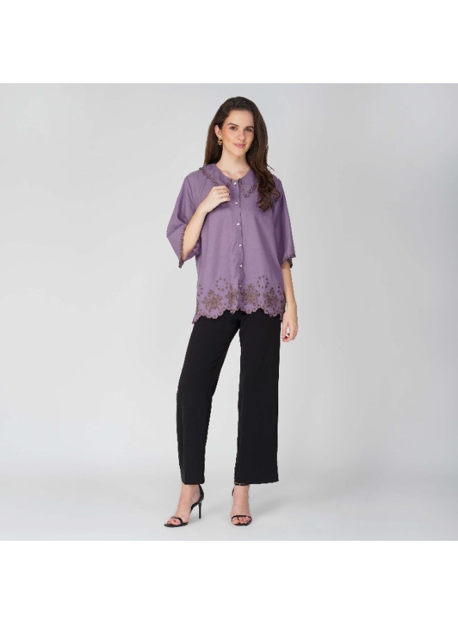 Linelle Soft Crepe Ladies Shirt – Scallop Collar Neck, Flared Half Sleeves and Embroidery Detailing - Image 3