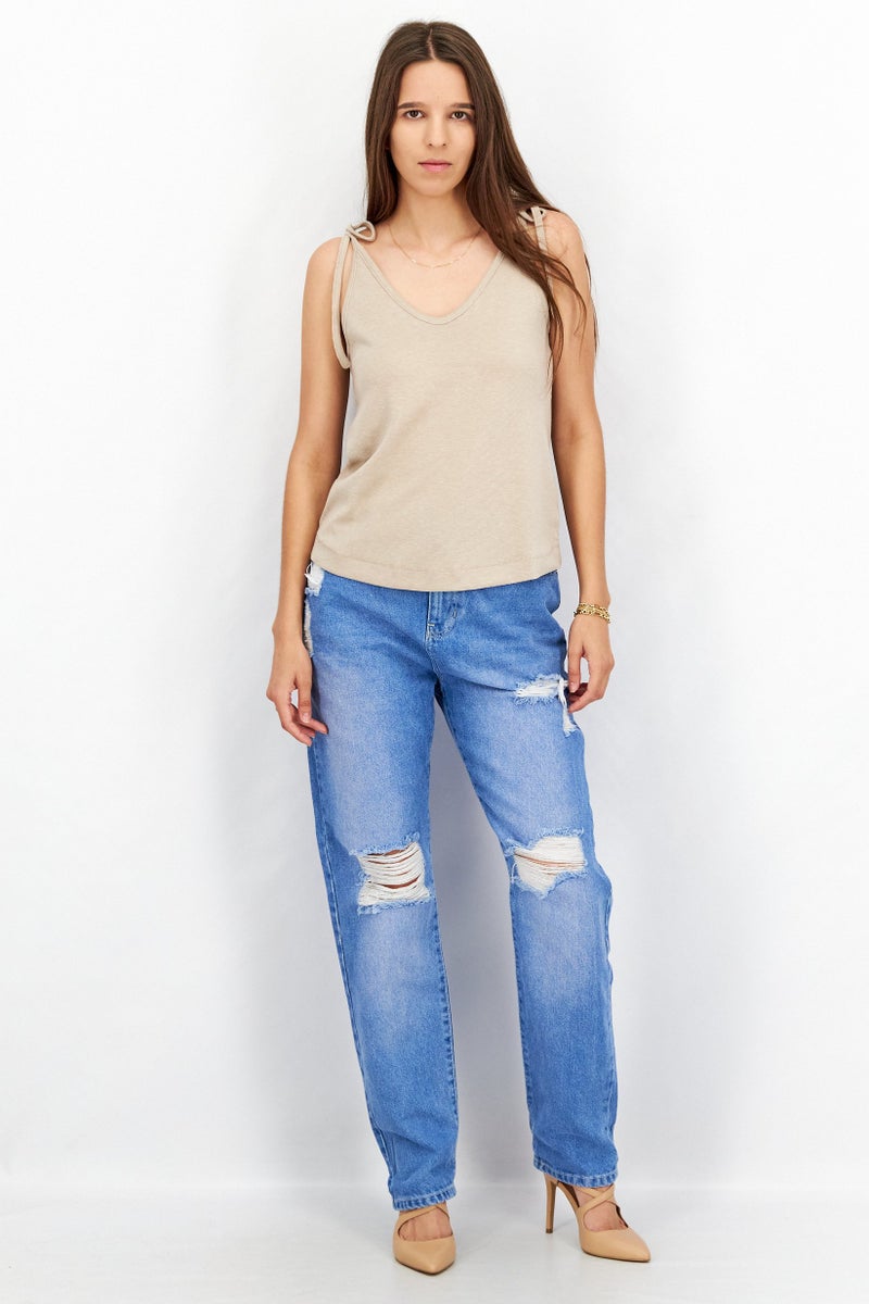 Splendid Women V-Neck Tie Sleeve Solid Top, Dark Beige - Image 3