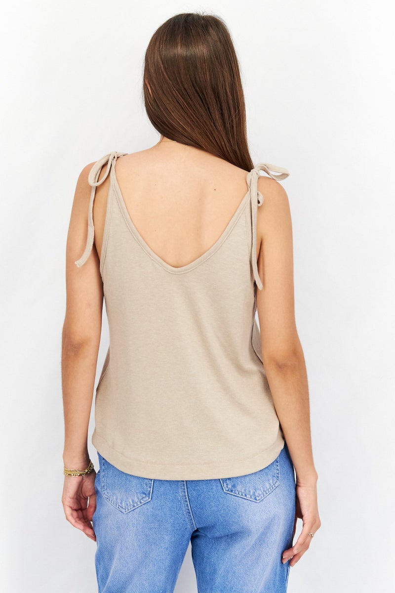 Splendid Women V-Neck Tie Sleeve Solid Top, Dark Beige - Image 2