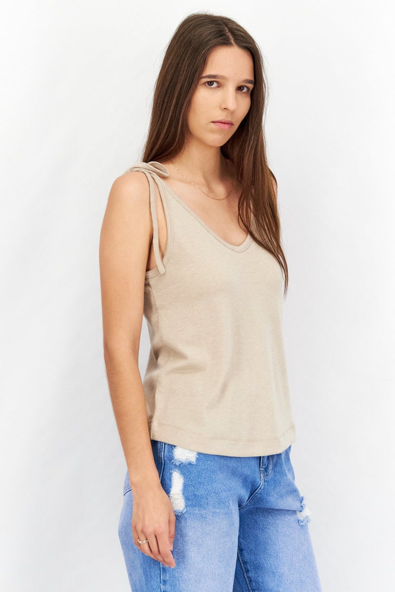 Splendid Women V-Neck Tie Sleeve Solid Top, Dark Beige - Image 2
