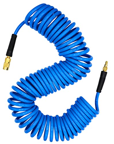 YOTOO Polyurethane Recoil Air Hose 3/8" Inner Diameter by 50' Long with Bend Restrictor, Repairable 1/4" Industrial Quick Coupler and Plug, Blue - Image 1