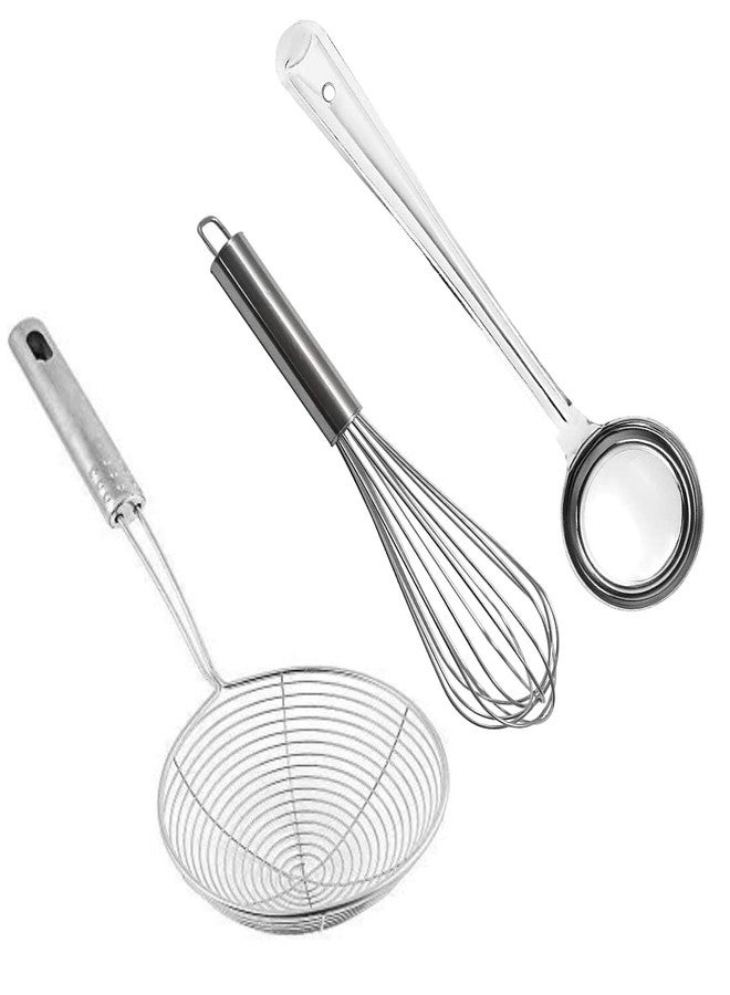 faas 14 Inch Stainless Steel Strainer, 12 Inch Hand Blender Wire Whisk, 10.5 Inch Stainless Steel Basting/Serving Ladle/Kitchen Tools Combo of 3 - Image 1