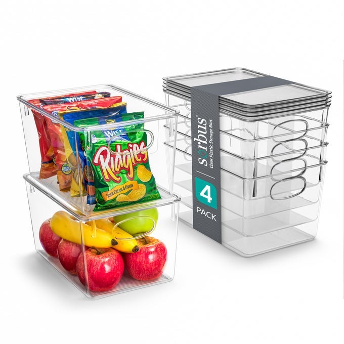 4PACK LARGE CLEAR PLASTIC STORAGE BINS WITH LIDS KITCHEN PANTRY FRIDGE AND CABINET ORGANIZER