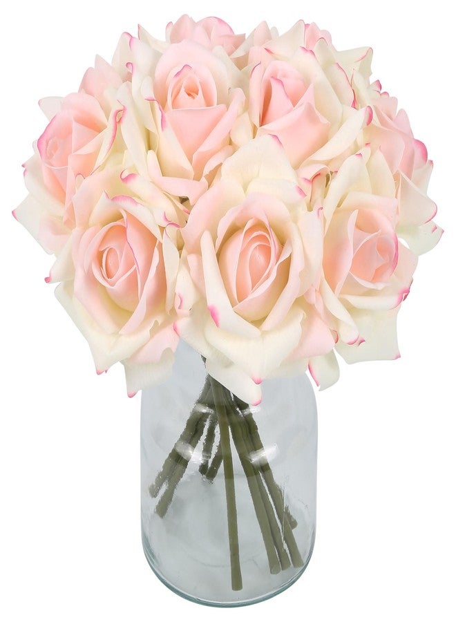 IPOPU Fake Roses,2 Bouquets 10PCS Real Touch Roses Artificial Flowers Faux Roses with Stems for Wedding Party Home Table Centerpieces Decoration(Pink Edge) - Image 1