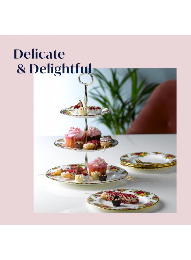 ROYAL ALBERT حامل كعكة ثلاثي الطبقات من رويال ألبرت أولد كانتري روزز، 11.5 بوصة، متعدد الألوان - Image 4