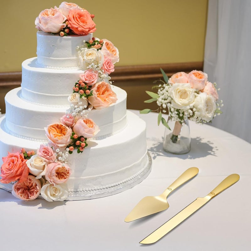 SANEXC Cake Cutting Set for Wedding - Extended Cake Knife and Server Set Thickened Stainless Steel 13.0" Cake Cutter 10.49" Pie Spatula Great for Birthday Anniversary Christmas Gift 2 Pcs Gold - Image 2