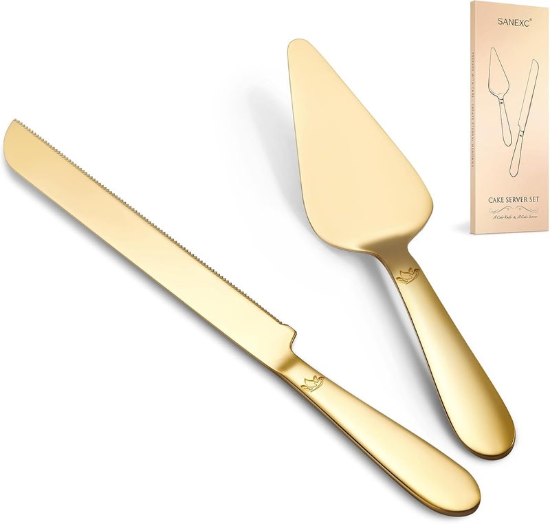 SANEXC Cake Cutting Set for Wedding - Extended Cake Knife and Server Set Thickened Stainless Steel 13.0" Cake Cutter 10.49" Pie Spatula Great for Birthday Anniversary Christmas Gift 2 Pcs Gold - Image 1