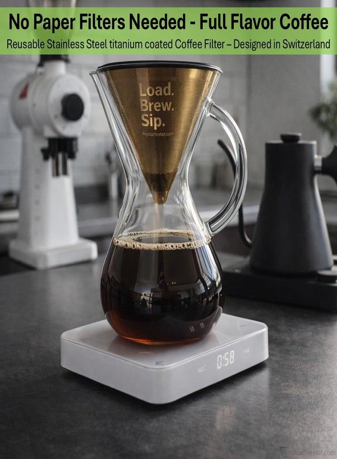 mycoffeestar فلتر قهوة MyCoffeestar متوافق مع Chemex و Hario V60 - فلتر قابل لإعادة الاستخدام من الفولاذ المقاوم للصدأ، مطلي بالتيتانيوم الذهبي، أداة تقطير بدون ورق، فلتر قهوة Chemex صديق للبيئة - Image 2