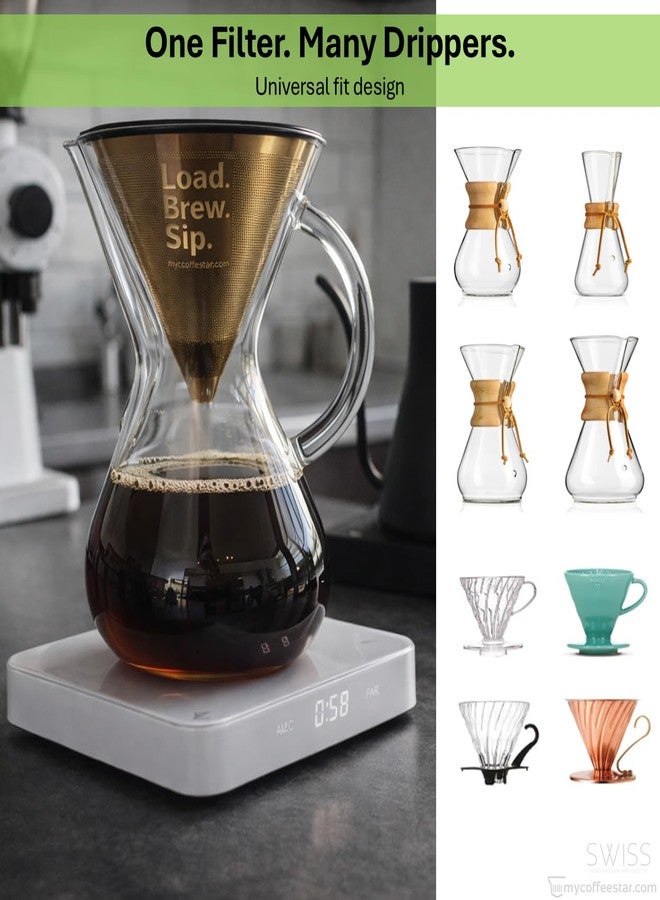 mycoffeestar فلتر قهوة MyCoffeestar متوافق مع Chemex و Hario V60 - فلتر قابل لإعادة الاستخدام من الفولاذ المقاوم للصدأ، مطلي بالتيتانيوم الذهبي، أداة تقطير بدون ورق، فلتر قهوة Chemex صديق للبيئة - Image 5
