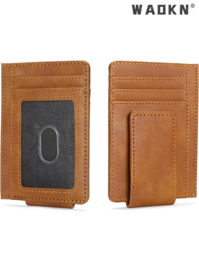 Magnetic Closure Slim Wallet for Men Leather RFID Blocking Minimalist Front Pocket Money Clip Wallet Credit Card Holder , Suitable for work , shopping , business trips , and travel , 12*8.1cm , for men , brown. - Image 1