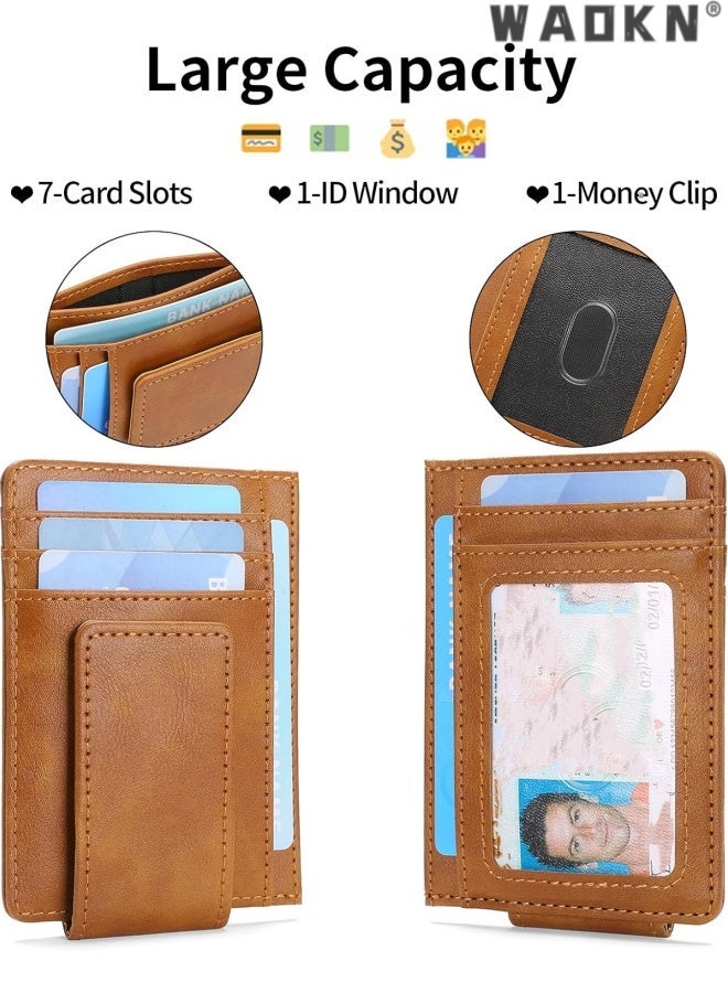 Magnetic Closure Slim Wallet for Men Leather RFID Blocking Minimalist Front Pocket Money Clip Wallet Credit Card Holder , Suitable for work , shopping , business trips , and travel , 12*8.1cm , for men , brown. - Image 2