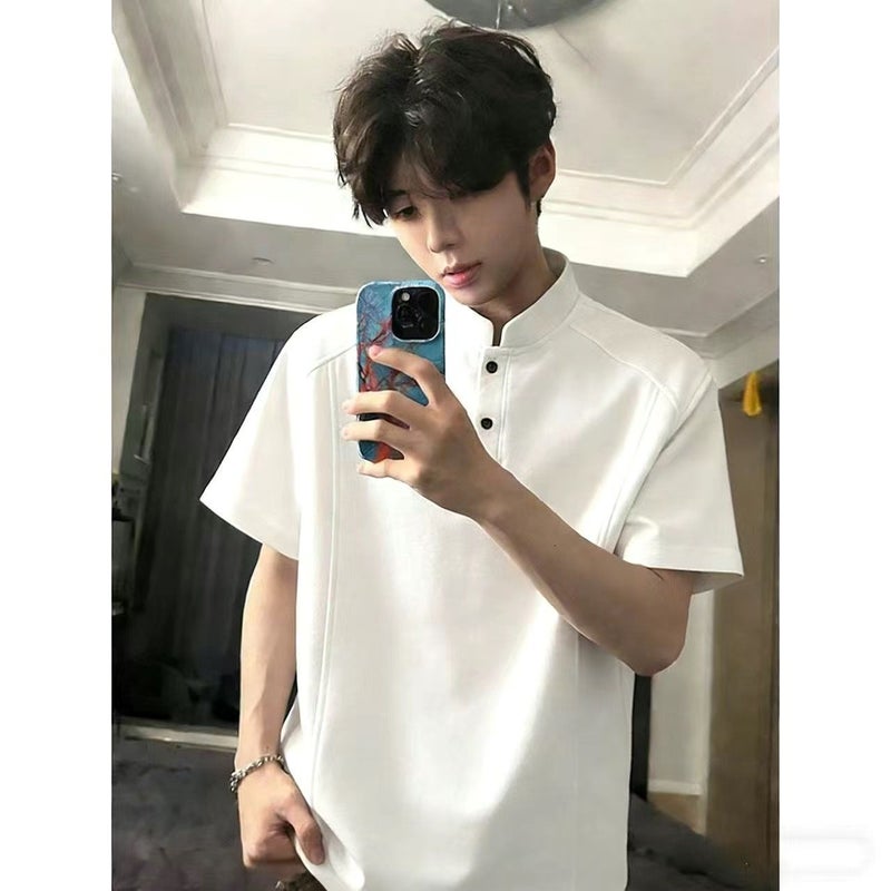Classy american retro henry collar men's summertrendy brand patchworkheavy weight short-sleeved right shoulder half-sleeved polo shirt