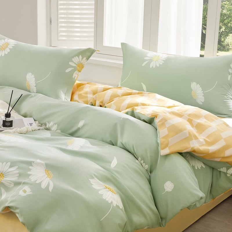 SAPHREAS White Daisy Floral King Size Duvet Cover Set 3pcs Green Bedding Comforter Cover Set 100% Cotton 1 Quilt Cover 104""x90"" 2 Pillow Shams(No Comforter) - Image 2