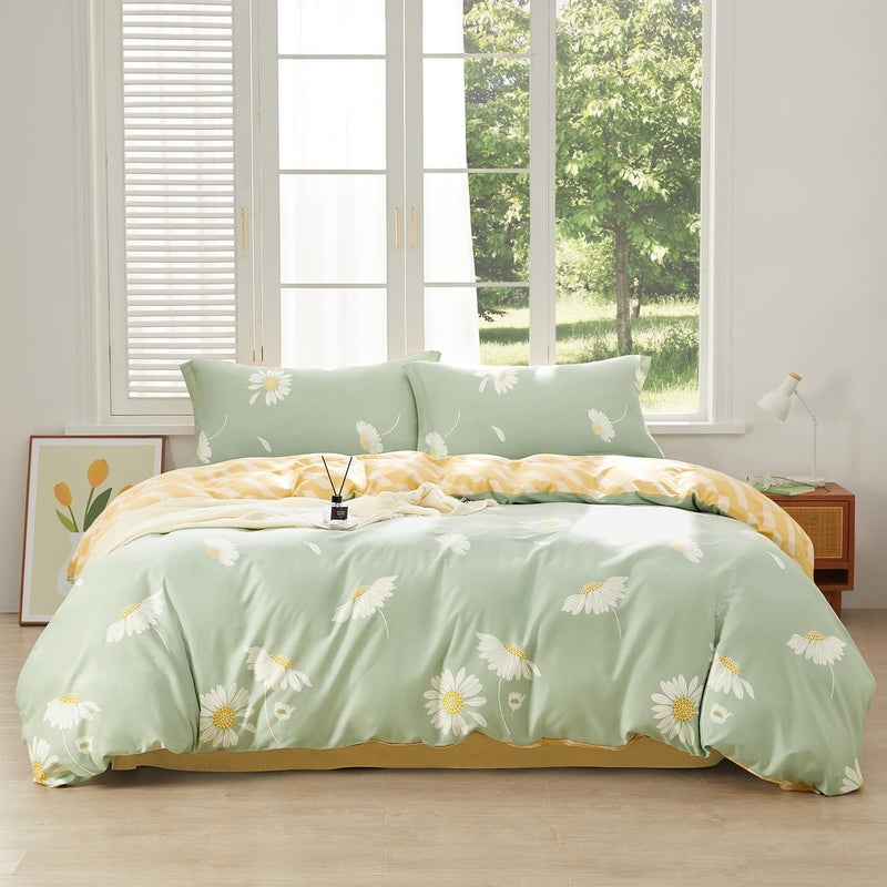 SAPHREAS White Daisy Floral King Size Duvet Cover Set 3pcs Green Bedding Comforter Cover Set 100% Cotton 1 Quilt Cover 104""x90"" 2 Pillow Shams(No Comforter) - Image 1