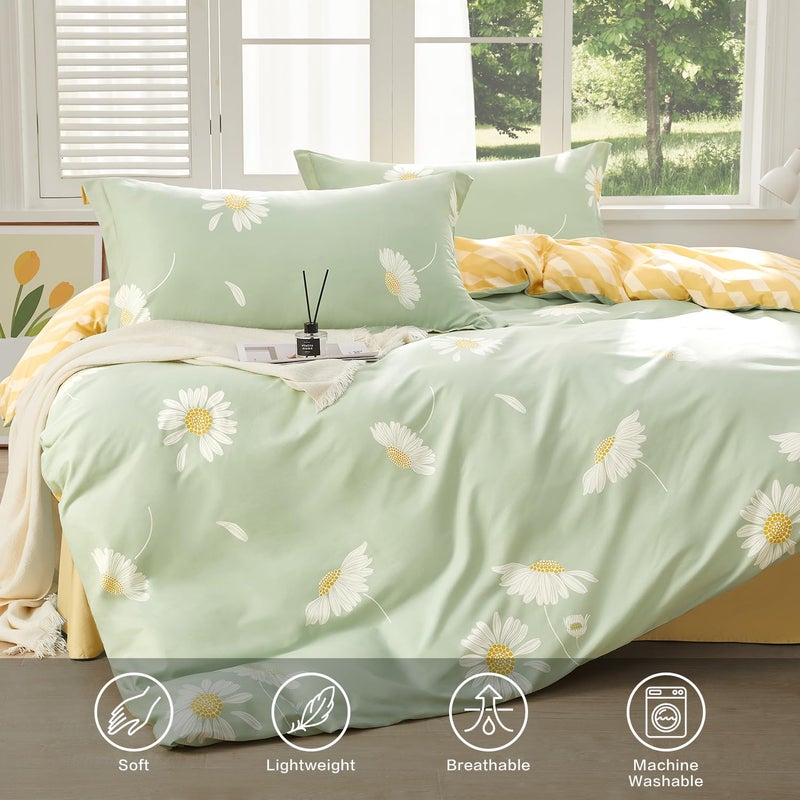 SAPHREAS White Daisy Floral King Size Duvet Cover Set 3pcs Green Bedding Comforter Cover Set 100% Cotton 1 Quilt Cover 104""x90"" 2 Pillow Shams(No Comforter) - Image 4