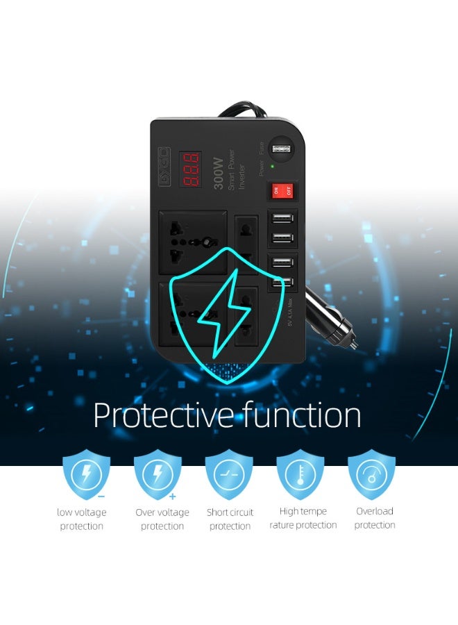 بي واي جي دي مُحَوِّل طاقة السيارة الذكي والعالي الكفاءة 300 واط، من 12V/24V تيار مستمر إلى 220V تيار متردد، مع 4 منافذ تيار متردد، و4 منافذ USB، وشاشة عرض LED - Image 4