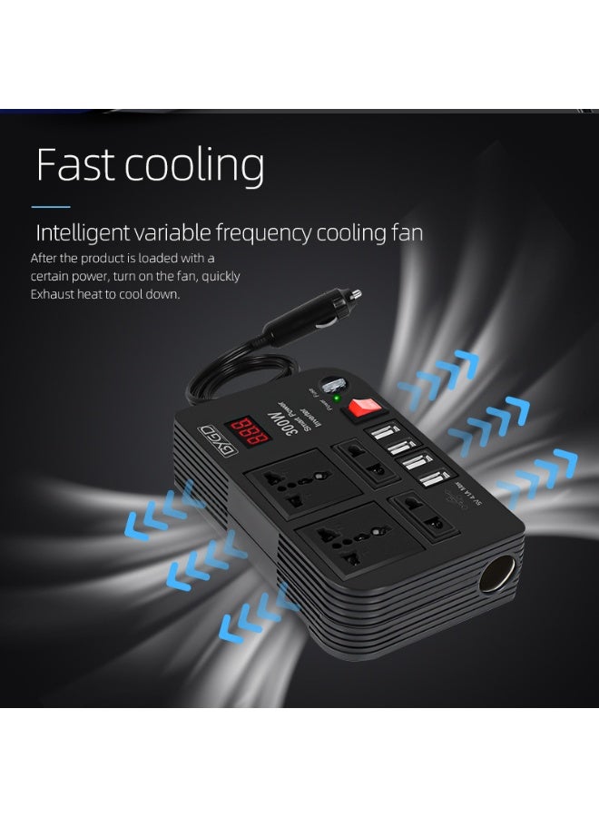بي واي جي دي مُحَوِّل طاقة السيارة الذكي والعالي الكفاءة 300 واط، من 12V/24V تيار مستمر إلى 220V تيار متردد، مع 4 منافذ تيار متردد، و4 منافذ USB، وشاشة عرض LED - Image 2