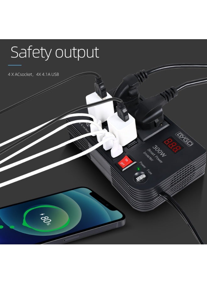 بي واي جي دي مُحَوِّل طاقة السيارة الذكي والعالي الكفاءة 300 واط، من 12V/24V تيار مستمر إلى 220V تيار متردد، مع 4 منافذ تيار متردد، و4 منافذ USB، وشاشة عرض LED - Image 3