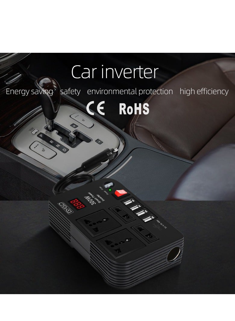 بي واي جي دي مُحَوِّل طاقة السيارة الذكي والعالي الكفاءة 300 واط، من 12V/24V تيار مستمر إلى 220V تيار متردد، مع 4 منافذ تيار متردد، و4 منافذ USB، وشاشة عرض LED - Image 1