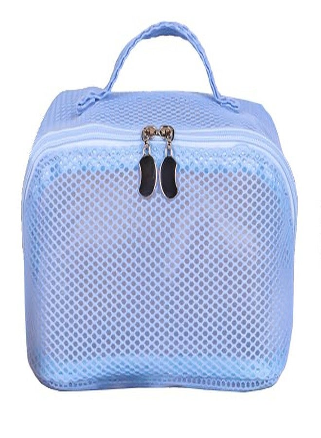 JRM Women’s Large Capacity Cosmetic Travel Mesh Bag - Makeup Organizer with Wide Opening, Dividers with Handle (See Through Cross Open, Blue) - Image 1