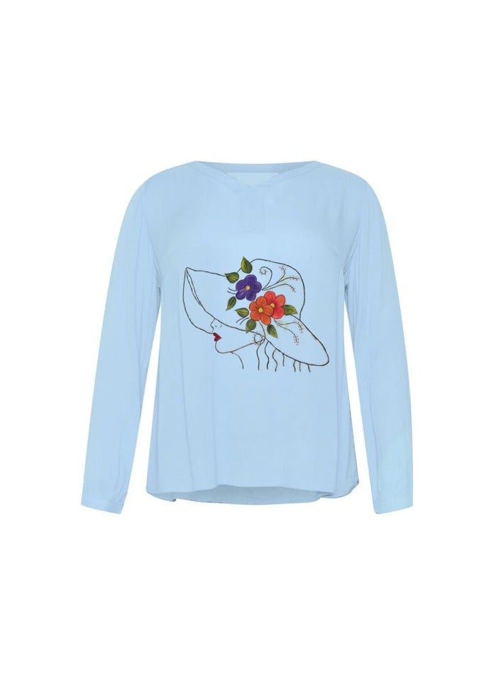 بلوزة نسائية كبيرة الحجم XXXL بياقة على شكل حرف V، مرسومة يدويًا، باللون الأزرق مع تصميم قبعة زهرية فنية، قميص خفيف الوزن بأكمام طويلة، مقاس 50 كاجوال وأنيق - Image 2