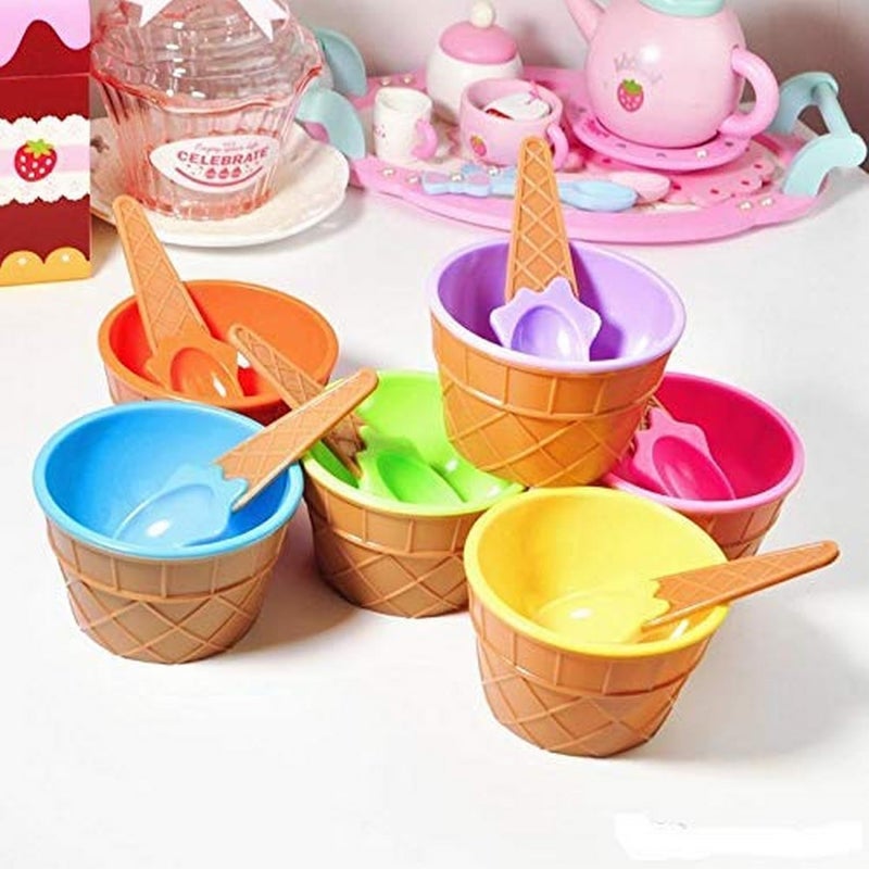 Lucc1n Set of 6 Pcs IceCream Waffle Spoon Bowel Cup SetIceCream Bowel with Spoon Set of 6 Assorted Colour BPA Free Plastic - Image 2