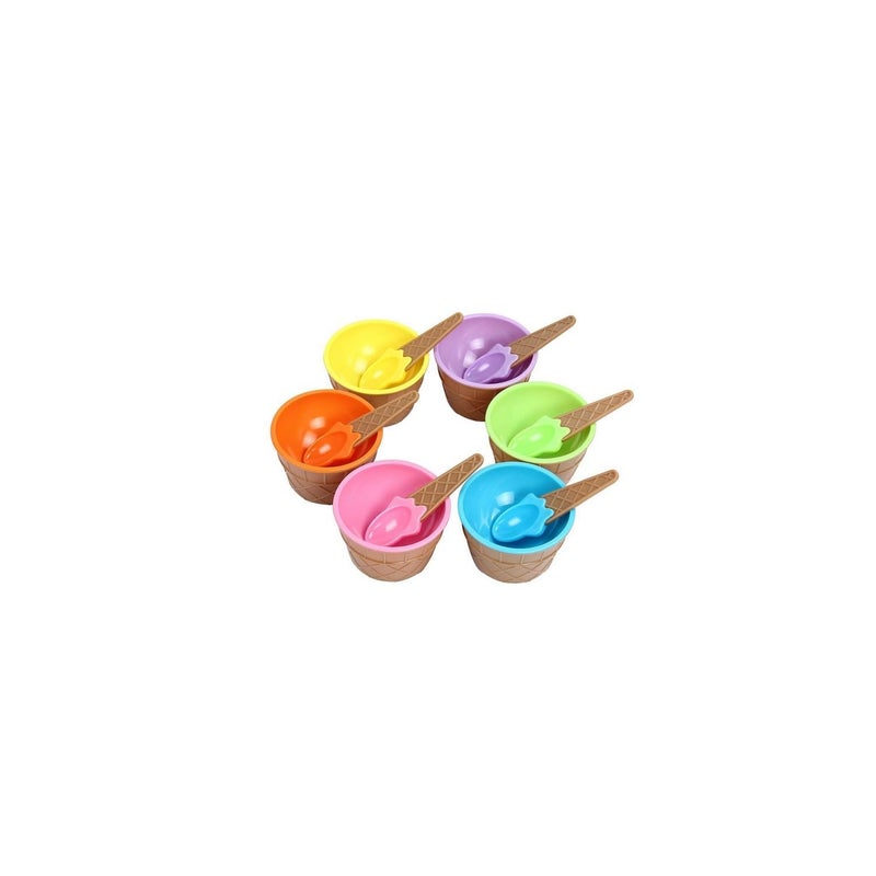 Lucc1n Set of 6 Pcs IceCream Waffle Spoon Bowel Cup SetIceCream Bowel with Spoon Set of 6 Assorted Colour BPA Free Plastic - Image 1