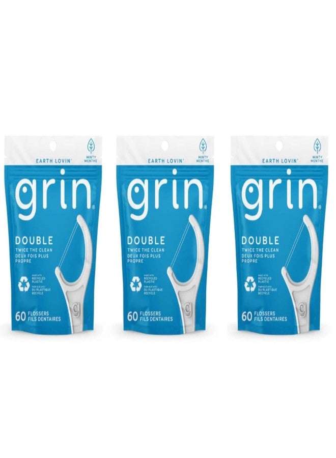 Grin Dental Floss |3 Packs of 60 (Double Twice The Clean Deux Fois Plus Propre), White, Total: 180, 1.0 Foot, 0.18 pounds - Image 1