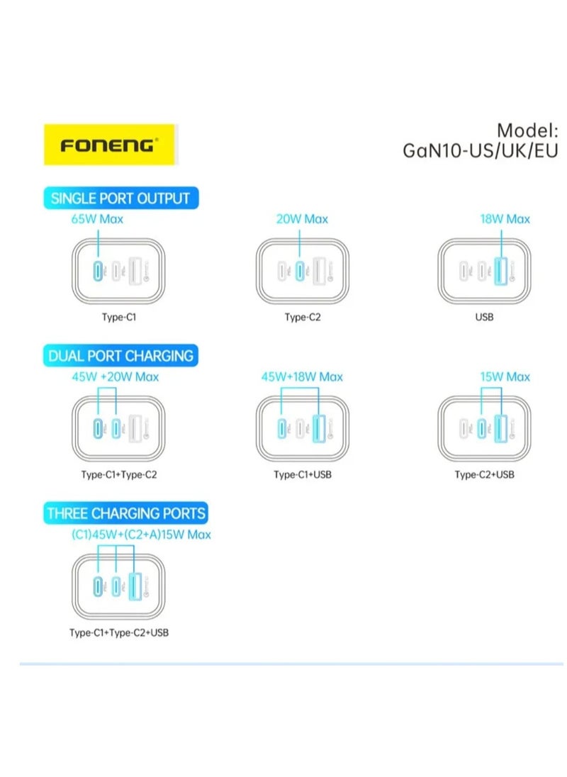 FONENG - GaN10-UK, A+C+C 3-Port Gan Charger (65W) with Cable, Gan solution, supports QC2.0 3.0 4.0, AFC FCP SCP PD2.0/3.0fast charging, VOOC/DASH/WARP, MIK-PE+2.0 supports PPS protocol fast charging, and supports fast charging for Laptop. - Image 1