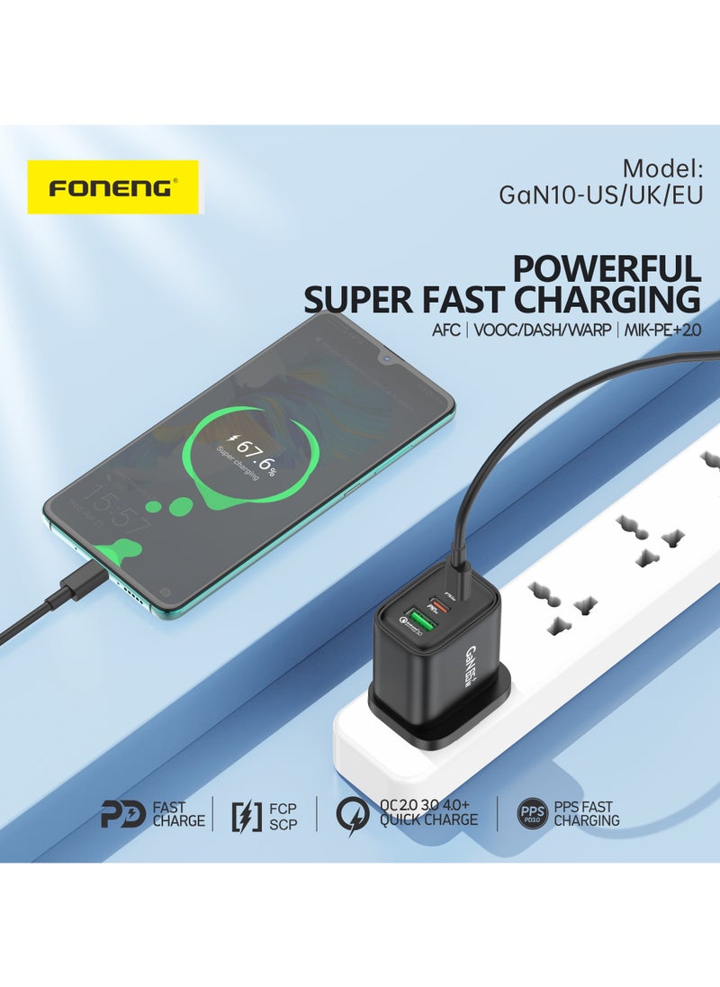 FONENG - GaN10-UK, A+C+C 3-Port Gan Charger (65W) with Cable, Gan solution, supports QC2.0 3.0 4.0, AFC FCP SCP PD2.0/3.0fast charging, VOOC/DASH/WARP, MIK-PE+2.0 supports PPS protocol fast charging, and supports fast charging for Laptop. - Image 1