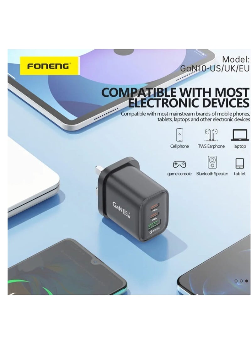 FONENG - GaN10-UK, A+C+C 3-Port Gan Charger (65W) with Cable, Gan solution, supports QC2.0 3.0 4.0, AFC FCP SCP PD2.0/3.0fast charging, VOOC/DASH/WARP, MIK-PE+2.0 supports PPS protocol fast charging, and supports fast charging for Laptop. - Image 1