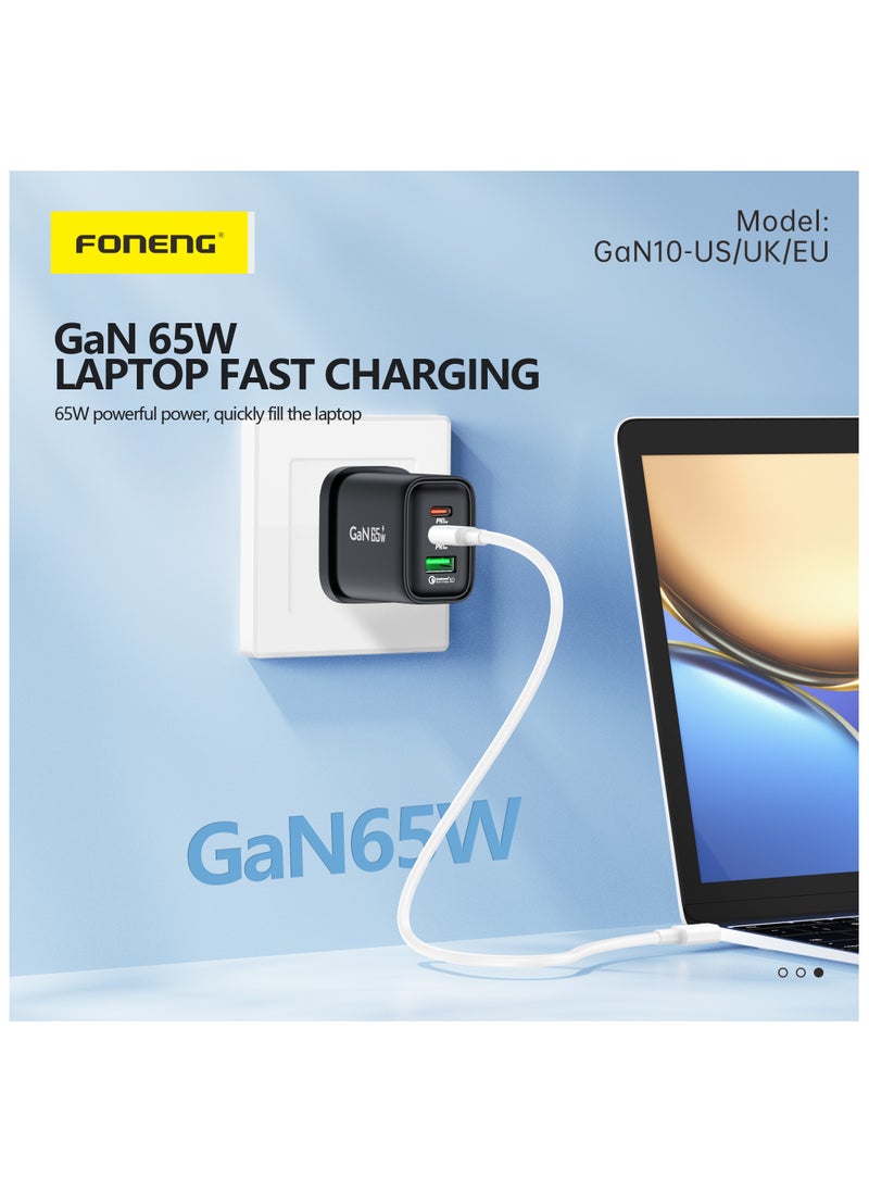 FONENG - GaN10-UK, A+C+C 3-Port Gan Charger (65W) with Cable, Gan solution, supports QC2.0 3.0 4.0, AFC FCP SCP PD2.0/3.0fast charging, VOOC/DASH/WARP, MIK-PE+2.0 supports PPS protocol fast charging, and supports fast charging for Laptop. - Image 1