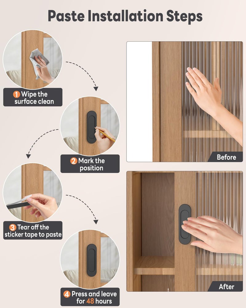 Mebantoo 8 Pack Self-Stick Door Handles, 4 Inch Aluminum Alloy Self Adhesive Flat Finger Pulls, No Drill Cabinet Knobs For Drawer, Sliding Glass/Barn/Closet/Balcony Doors (8, Black) - Image 4