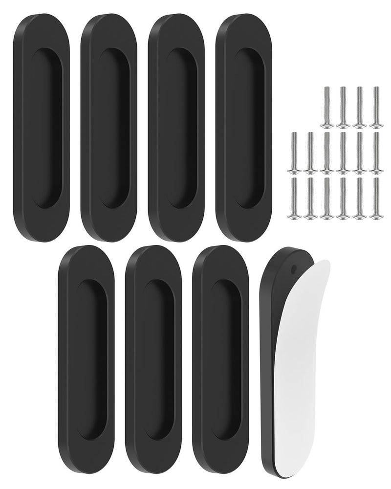 Mebantoo 8 Pack Self-Stick Door Handles, 4 Inch Aluminum Alloy Self Adhesive Flat Finger Pulls, No Drill Cabinet Knobs For Drawer, Sliding Glass/Barn/Closet/Balcony Doors (8, Black) - Image 1