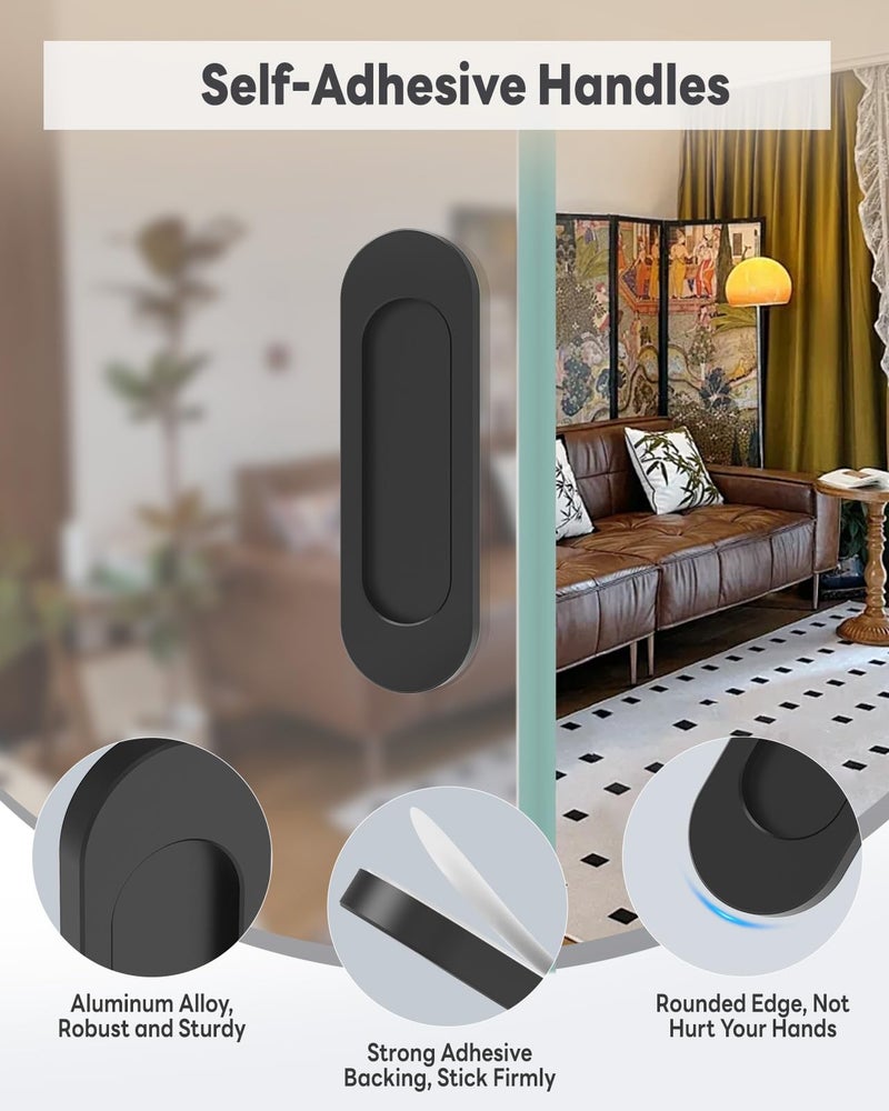 Mebantoo 8 Pack Self-Stick Door Handles, 4 Inch Aluminum Alloy Self Adhesive Flat Finger Pulls, No Drill Cabinet Knobs For Drawer, Sliding Glass/Barn/Closet/Balcony Doors (8, Black) - Image 2