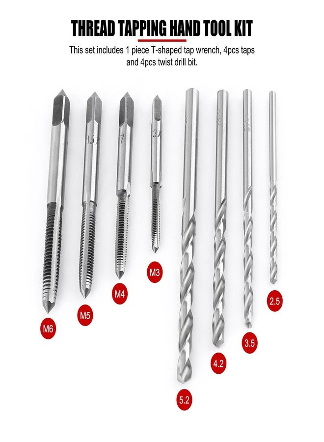 EVTSCAN T-Handle Tap Wrench Set, Adjustable Chuck, with 4 Pcs M3 to M6 Screw Taps and 4 Pcs Twist Drill Bits, for Hand Tapping - Image 2