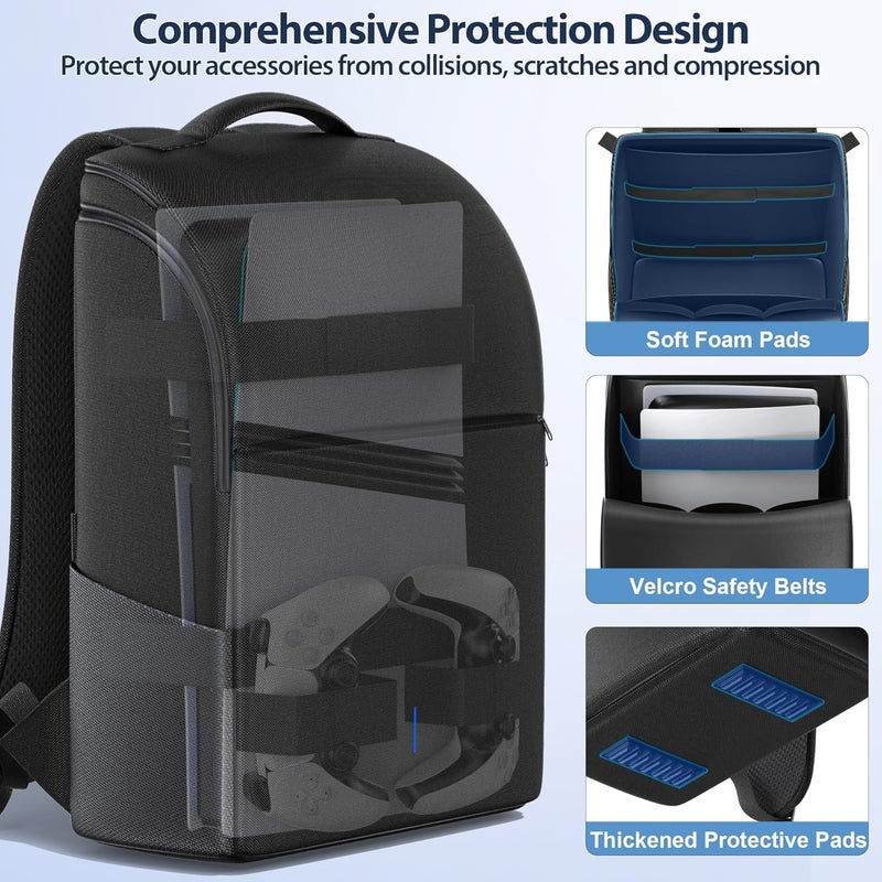 Rysker PS5/PS5 Slim/Pro Console Backpack, PS5 Travel Bag with Full Protection, Large Capacity PS5 Carry Bag, PS Portal, Laptop, Game Card, PlayStation 5 Backpack with 3 Cable Pockets - Black - Image 3